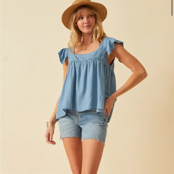 Hayden Los Angeles Tops - Hayden Los Angeles Tencel Square Neck Ruffle Cap Sleeve Top Light Denim Medium